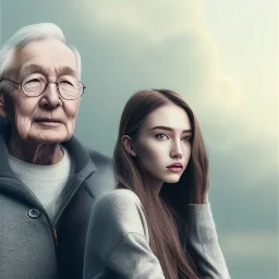 a young woman sitting next to a older man, portrait, 8K, close-up face, anatomically perfect face, Highly detailed stunning full frame portrait, misty and cloudy atmosphere