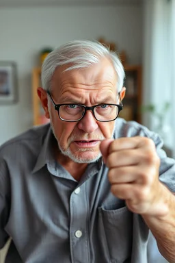 Portrait of angry caucasian senior man wearing eyeglasses and showing big fist standing at home indoor, Older Adults and Their Anger Issues