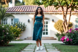 very beautiful lady with beautiful midi dark green-blue skirt and top with curvy hair sports shoes standing in a nice villa yard with trees flowers ,16 by 9