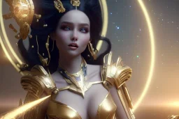  beautiful cosmic woman, long black hair, nice smiling, magic glamour make up, delicate colors, beautiful glamour galactique dress, ultra sharp focus, 8k, unreal engine 5, extremely sharp detail, light effect, soft light atmosphere of a spaceship, smooth, full of details, face in front, complete vision of face and hair and body