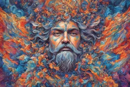 A visually striking and abstract representation of Zeus, utilizing vibrant colors and intricate patterns to evoke the mythical and godly aspects of his character, (visually striking abstract representation:1.4), (Zeus, the mythical god:1.5), (vibrant colors and intricate patterns:1.3), (expressive and godly ambiance:1.2), drawing inspiration from abstract interpretations of classical mythology, trending on ArtStation, Intricate, Sharp focus, vibrant lighting, (captivating:1.4)