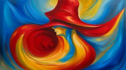 Oil painting, Abstract composition featuring a stylized figure with a large, red and yellow shape resembling a hat or shell , and flowing, organic forms in warm tones . The background is a soft, textured blue , enhancing the dynamic movement of the figure, creative, extremely detailed brush stroke