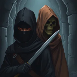 [ADnD in the crypt] Picture this: clad in darkness, a silent ninja protector with eyes sharp and alert. Behind him: a Skelton cloaked in a brown, hooded robe, exuding an eerie aura of power.