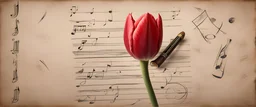 Hyper realistic red tulip on the side of a vintage paper with harmonica instrument & small musical notes