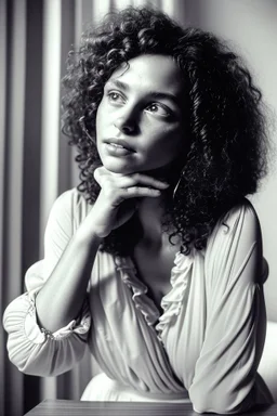 A beautiful woman with curly brown hair, a pensive expression, holding in one hand an old dial phone with the cord wrapped around her body, in a luxurious room in sunshine