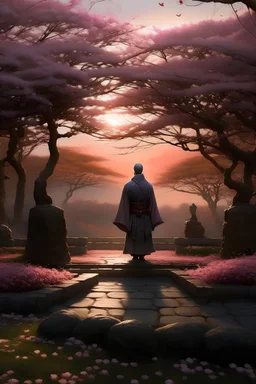 "As twilight falls, a solitary Japanese warrior, cloaked in the hues of a setting sun, stumbles upon an ancient cherry blossom grove. Amidst the blossoms, they encounter a weathered stone pedestal inscribed with cryptic symbols. Explore the warrior's moment of revelation and the connection forged with the enigmatic wisdom concealed within, blending the essence of nature and martial heritage in their midjourney pursuit."