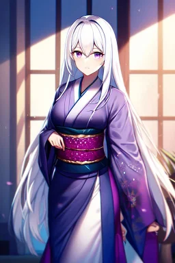 girl, masterpiece, best quality, cinematic lighting, detailed outfit, vibrant colors, perfect eyes, white hair, purple eyes, long hair, kimono, indoors, light rays,