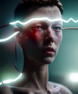 Ultra realistic photographic night portrait, cinematic, naked, short hair <sexy woman> <hanging wires> many wires coming out of the head <perfect pupil> <cyborg> <garage> <wide angle Shot> <sci-fi futuristic> <thriller>, fog, soft color, highly detailed, unreal engine 5, ray tracing, RTX, lumen lighting, ultra detail, volumetric lighting, high definition.