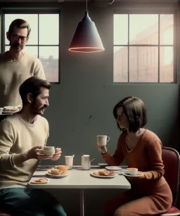 Realistic scene, man and woman sitting in cafeteria and having breakfast levitating, 0 gravity, Wes Anderson, soft color, highly detailed, unreal engine 5, ray tracing, RTX, lumen lighting, ultra detail, volumetric lighting, 3d, finely drawn, high definition, high resolution.