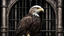 an eagle, sitting in a cell, looking through the bars, gothic style.