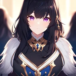 Clear focus,High resolution,8k, Beatiful Lighting, black short fluffy hair, long fluffy bangs, purple eyes, wearing a goddess outfit, extreme close up