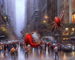 Brent Heighton, Giger, a large deep hole on the street, furry giant red spider climb out, crowded people run away, great composition, highly detailed, high quality