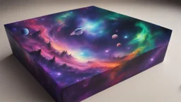 a box 10 cm long by 5 cm wide and 25 cm high, drawn on a box on all sides, space, tress, planets, butterfly nebula, crow galaxies a lot of colours purple, green and red, portal too others galaxy, realistic