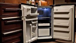 disassembled refrigerator with parts forced on stove