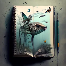 a distopian world full of beautiful creatures with an abandonded notebook on the middle