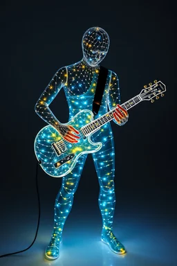 The whole body of Maniquí de glassy filled with tiny sparkling lights Artist mader playing the guitar