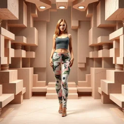 picture of lady with a top and cifi pants stye design posing in a 3d recursive structures stage