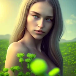 beautiful young Swiss girl standing in green field, mountain, sun, wearing blue shirt over, open arms, realistic eyes, unreal engine, photograph, realistic skin texture, photorealistic, hyper realism, highly detailed, 85mm portrait photography