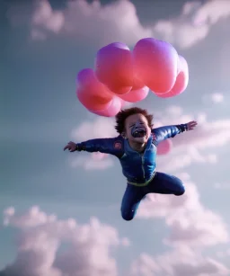 Ultra realistic speed clouds sky scene, wide angle view, sweet childs falling down, inflatable color clothing, free jumping flying, many trinkets, monster head, hair monster, many jelly beans, balls, smile, happy, circus style, extreme, wind, clouds sea, 20,000 feet altitude, stratosphere, soft color, highly detailed, unreal engine 5, ray tracing, RTX, lumen lighting, ultra detail, volumetric lighting, 3d, finely drawn, high definition, high resolution.