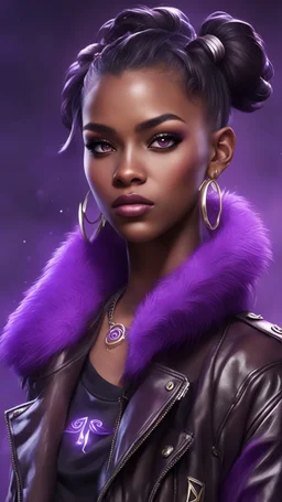 arcane tv show style, league of legends, solo, 1girl, attractive teenager, african, dark skin, dark-brown eyes, black hair, pair buns, (violet strand in forehead bang), necklace, earrings, modern makeup, (detailed skin texture), old leather jacket with violet fur collar, oversized torn t-shirt with half-erased unknown music group logo, You can see through the wide holes in the t-shirt her acid-green sport top, dark background, bokeh, cinematic atmosphere