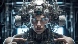 Cybernetic engineer conceiving and constructing fantastical cybernetic creations that redefine the laws of nature, portrait shot