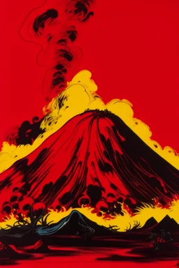 A dark red volcano with chaotic fire painted by Andy Warhol