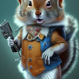  highly detailed and realistic squirrel member wearing a vest and a bandana riding a chopper, high detail, realism, vibrant colours, graffiti accents, complementary colours, splash art, perfect composition, beautiful detailed intricate insanely detailed octane render trending on artstation, 8 k artistic photography, photorealistic concept art, soft natural volumetric cinematic perfect light, chiaroscuro, award - winning photograph, masterpiece, oil on canvas, raphael, caravaggio, greg rutko