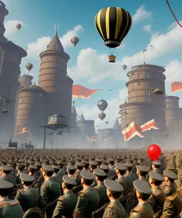 Steampunk Nazis city, with Balloon and swastika flag, people on the street watch the parade of the Wehrmacht army