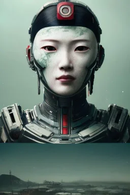 japan head portrait, warrior armor , village, meditation, woods, galaxy sky, 8k quality , portrait,beautiful robotic ,ghost in the shell , post-apocalyptic in a cyberpunk city, realistic, intriacte detail, sci-fi fantasy style, volumetric lighting,24mm , particales,highly detailed,cinematic, deep purple , green eyes .