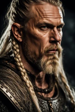 portrait of a 50-year-old viking ,blonde beard with grey highlight and long blond hair with Two small braids. Rugged face with a scar on his cheek. dark fantasy