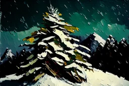 Christmas tree on a snow covered mountainside in the style of Frank Auerbach