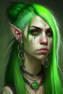 portrait of a halfling woman, long green hair, very beautiful, kind look, several earrings, lip piercing, a bit punk