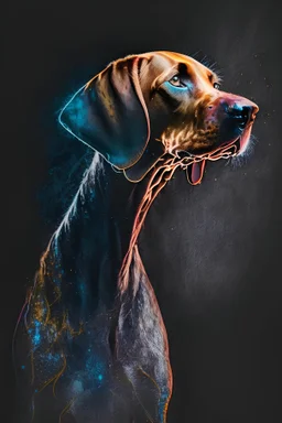 Magyar Vizsla, cinematic lighting, black background, isolated, alcohol ink