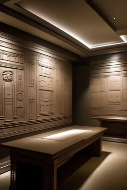 A three-dimensional meeting room divided into three walls with monochromatic murals panels engraved with Pharaonic hieroglyphics, with hidden lighting