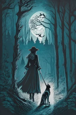 in the style of a Henry Justice Ford drawing, a beautiful witch walks through a dark forest, a dog is standing on the horizon waiting for her