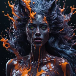 Unsplash art, a quirky liquid portrait of a hauntingly beautiful dark werewolf woman, splash style of paint, Pixar style, Halloween colors, hyper detailed intricately detailed, fantastical, intricate detail, splash screen, liquid, gooey, slime, splashy, fantasy, concept art, 8k resolution, masterpiece, melting, complex background, intricate detailed, dark colors, fantasy, concept art, digital art, intricate, oil on canvas, masterpiece, expert, insanely detailed, 4k resolution.