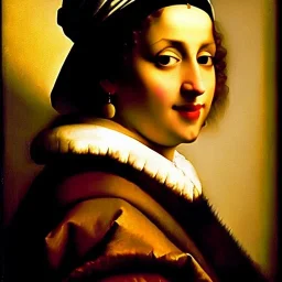 portrait of beautiful busty Bella painting by JOHANNES VERMEER,smiling, oil on canvas, cinematic composition, extreme detail,8k,fit full head inside picture