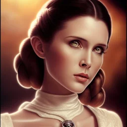 stunning half-body portrait photo of princess leia from Star Wars, hazel iris, wlop, artgerm, akihiko yoshida, and liang xing, detailed face, doe eyes, intricate braided hair style, symmetrical eyes, trending on artstation, highly detailed, white dress, dynamic pose, intricate outfit, space ship and galaxy background