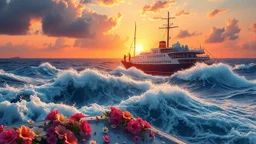 a big ship in oecieon in powerfull waves ,a beautiful sun set and dreamy clouds , young couple dancint on deck and flowers flows from deck to water