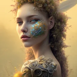 Portrait of beautiful girl, face dept of field,face shining, plant, metal, feathers,central weight average, CWA Dryad, fae, sidhe, ominous, nature, plants, wildflower sparkle,wildflower 3d view, facepaint, dnd character portrait, intricate, oil on canvas, masterpiece, expert, insanely detailed, 4k resolution, retroanime style, cute big circular reflective eyes, cinematic smooth, intricate detail , soft smooth lighting, soft pastel colors, painted Renaissance style,sharp fucus, bokeh,macro lens,