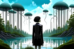 A skinny woman with a black bob hairstyle, in a green and silver suit, standing, looking out over a lake, in an alien forest, with tall narrow cloud trees, with flying dandelion heads with octopus tentacles