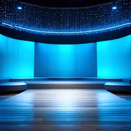 beautiful dance stage with no dancers in luxury modern hall dynamic lights, modern furniture light blue & gray theme