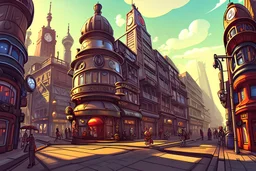 Cartoon steampunk street level city square