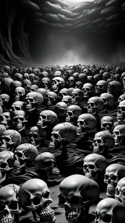 Bosch nightmares paining style Title:a field of small human skulls all colored in black and white, a shadow of man standing in the middle, 8k artistic photography, photorealistic concept art, soft natural volumetric cinematic perfect light, chiaroscuro, award-winning photograph, masterpiece, oil on canvas, Raphael, Caravaggio, Greg Rutkowski, people, beksinski, Giger