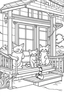 coloring page for kids, Cats on the porch, cartoon style, thick lines, low detail, no shading