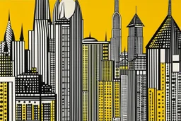 A yellowish orange constructed city with crystals painted by Roy Lichtenstein