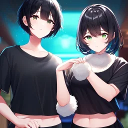 Clear focus, High resolution, fluffy black short hair, dark green eyes, wearing a black t-shirt and pleated black skirt, fluffy hair, detailed outfit