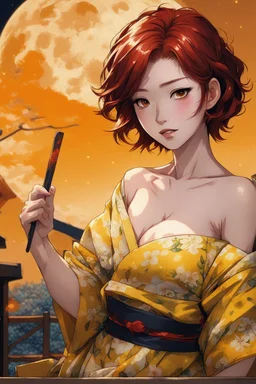 (Asian), short hair, fiery red hair hair, yukata, yellow clothes, 8k, best quality, winking, very dark night time, lighting from moon yellow moon, perfect, masterpiece