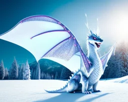 mdjrny-v4 style, a white dragon with fairy-like transparent glowing and sparkly wings, standing in snow, full body, silver and teal blurry background, glowing soft and smooth wings, realistic, highly detailed intricately detailed, shiny snowy background, soft studio lighting, trending on artstation, by artist "Julie Bell", by artist "Greg Rutkowski"