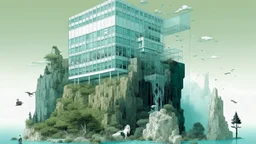 LARGE MINIMALIST GLASS BUILDING FULL OF CREATURES ON A CLIFF, Smog, Highlighter drawing, Yeti, Thorny, Cloudy